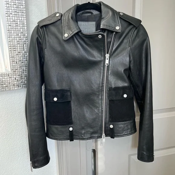 ALL SAINTS BLACK LEATHER JACKET SIZE 4 - Picture 5 of 6